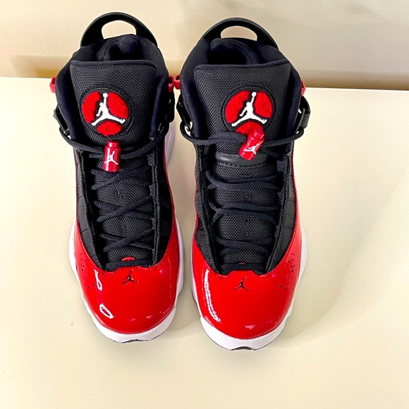 SOLD 😃 NEW AUTHENTIC AIR JORDAN Red Patent & BlK Mid-Top Sneakers - Picture 8 of 13